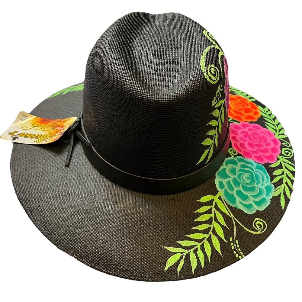 HAT MEXICAN Artisanal Hand Painted Fedora Floral Sombrero Panama Bohemian Black - Picture 8 of 9